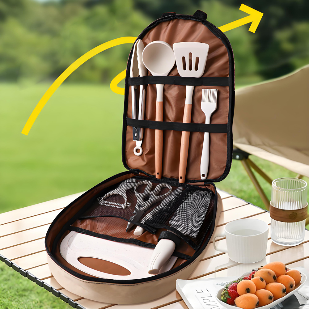 Quality Camping Cooking Set - ชุดอุปกรณ์ทำอาหารสำหรับตั้งแคมป์แบบพกพา 10 ชิ้น, ตะหลิวซิลิโคน, ทัพพี, เขียง,