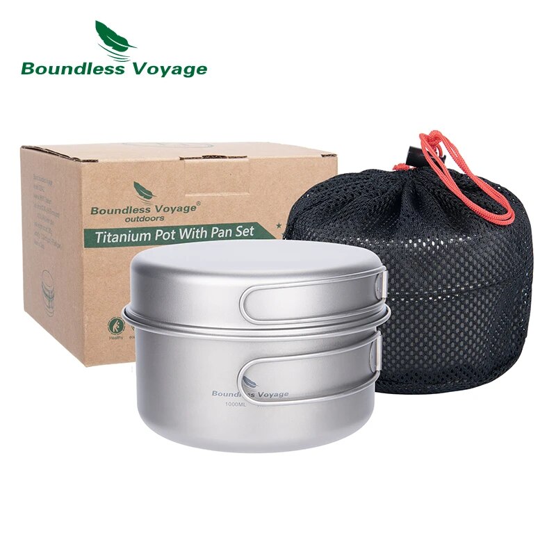 Quality Camping Cooking Set - ชุดหม้อไทเทเนียม Voyage ไร้ขอบเขตพร้อมที่จับพับได้เครื่องครัวตั้งแคมป์เดินป่า