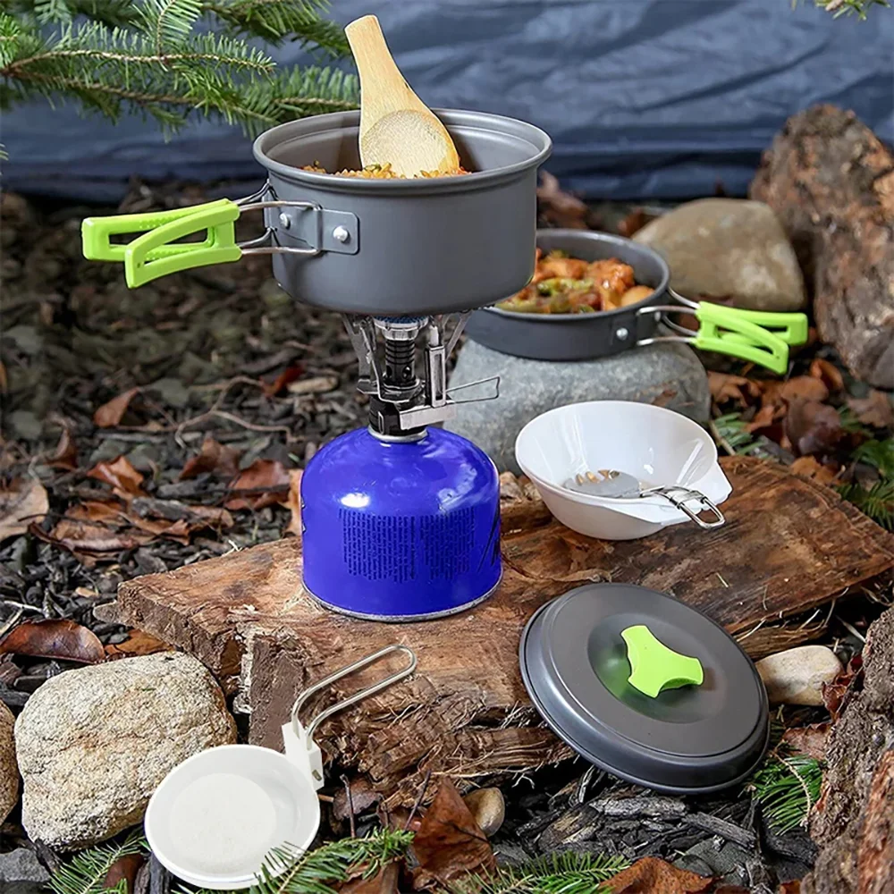 Quality Camping Cooking Set - ชุดทำอาหารสำหรับตั้งแคมป์ ชุดหม้ออลูมิเนียมน้ำหนักเบาแบบพกพา ชุดอุปกรณ์ทำอาหารสำหรับเดินป่า ปิกนิก ท่องเที่ยวกลางแจ้ง