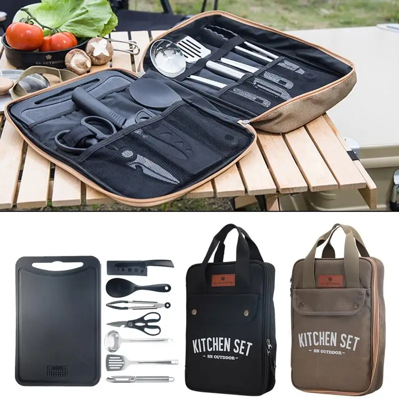 Quality Camping Cooking Set - ชุดเครื่องครัวแคมป์ปิ้ง 8 ชิ้น ชุดอุปกรณ์ทำอาหารพกพาสำหรับเดินทางกลางแจ้ง ทำจากสแตนเลส สำหรับทำอาหารและปิ้งย่าง